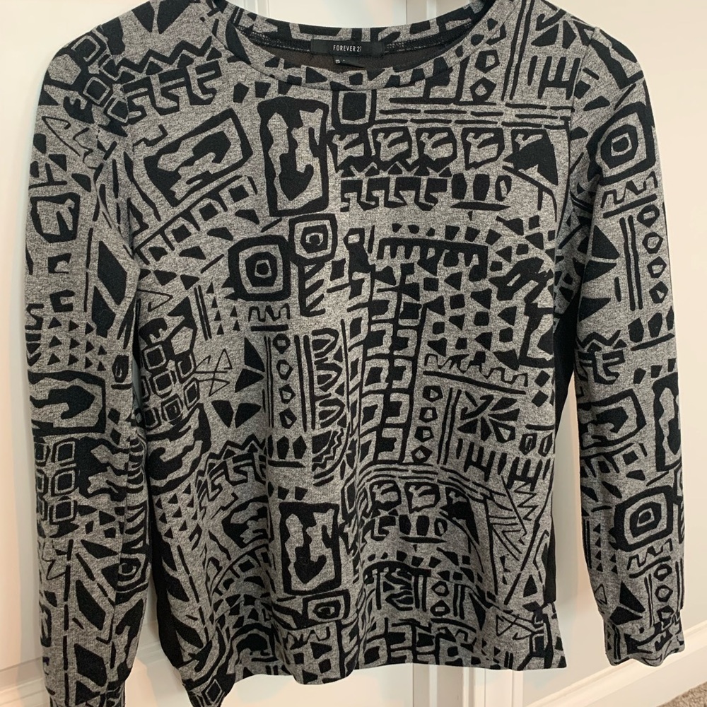 Gray & Black Geometric Print Blouse with Sheer Black Back